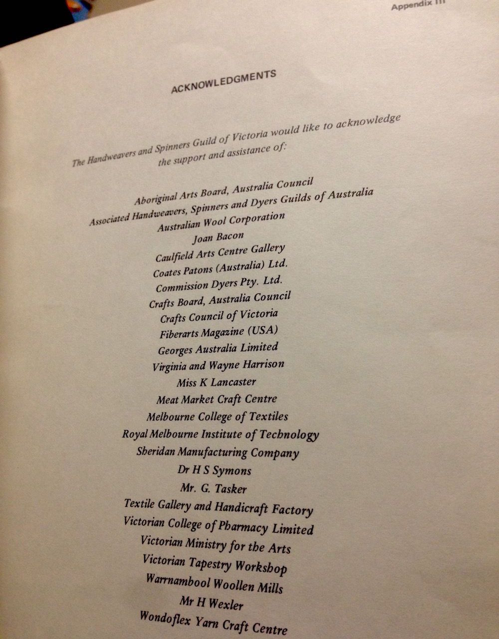 Photograph of the acknowledgements page of Wool and Beyond: First Australian Fibre Conference: Melbourne January 11-23 1981 (1982)